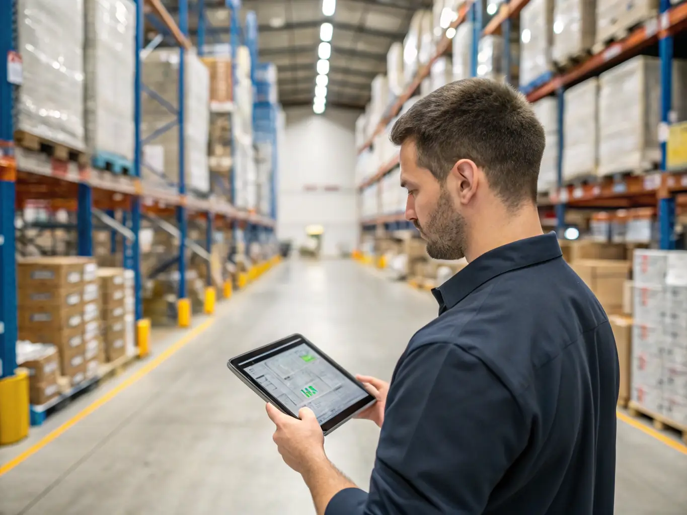 A logistics manager reviews a cloud-based supply chain management system on a tablet, optimizing delivery routes and inventory levels.