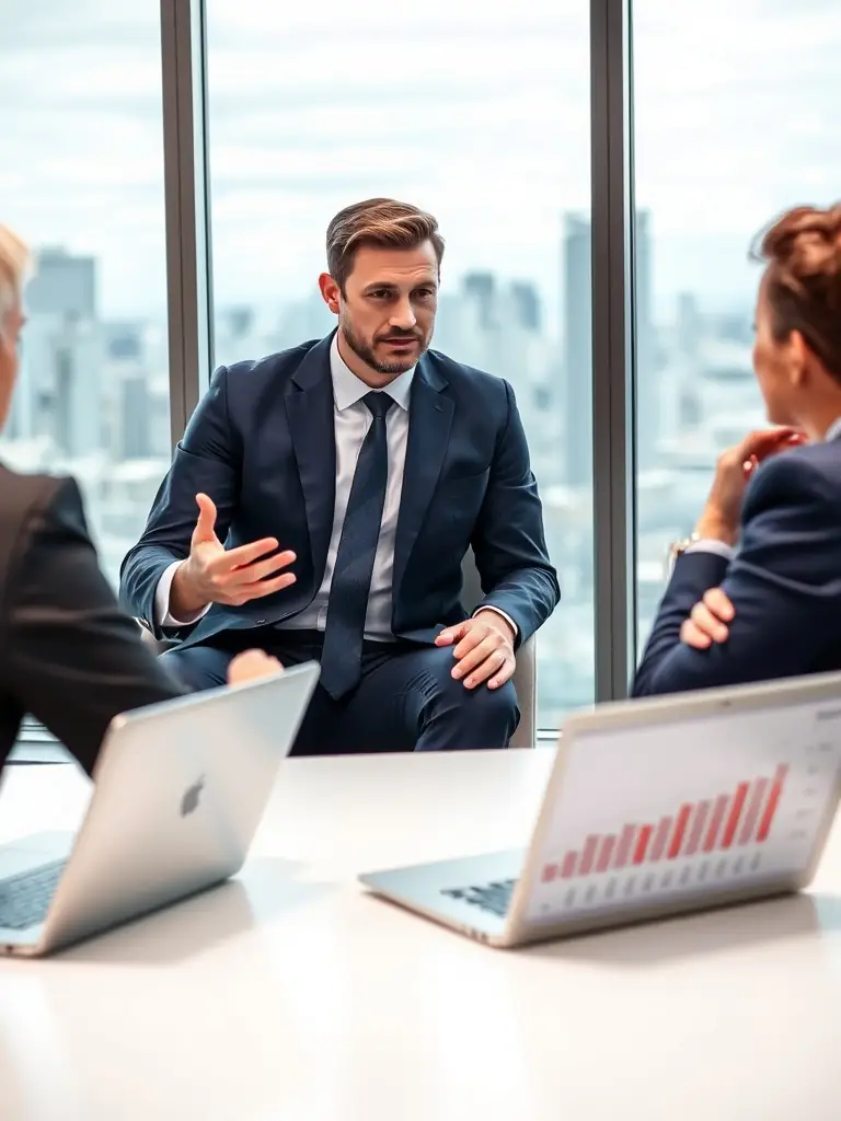 A professional photograph of a consultant working with a client in a modern office setting, discussing financial technology solutions.