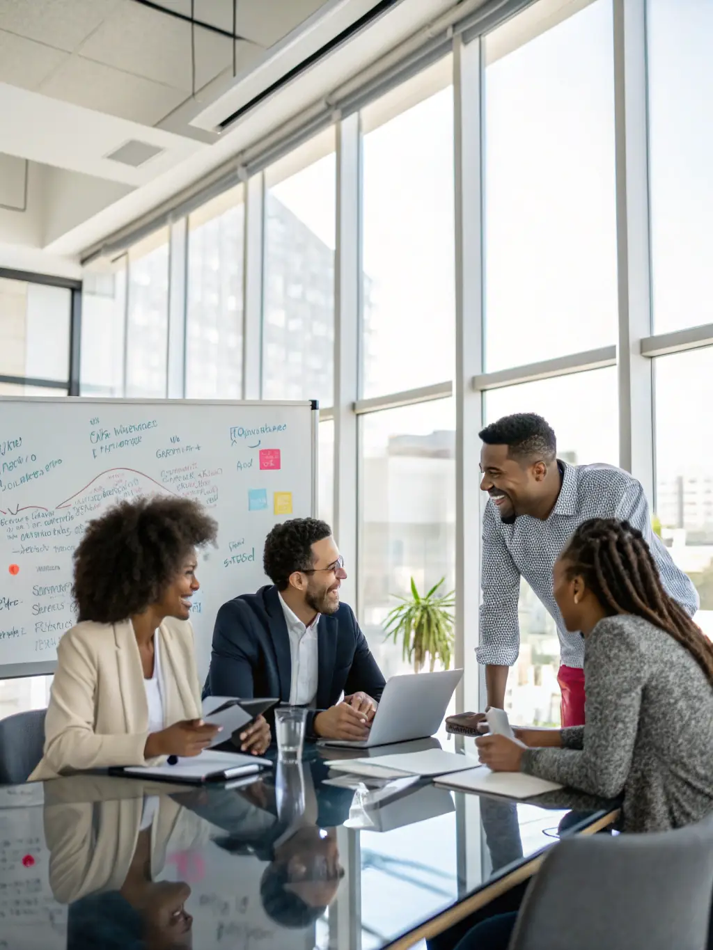 A clean and professional image of consultants collaborating on a project, emphasizing strategic planning and technology implementation.