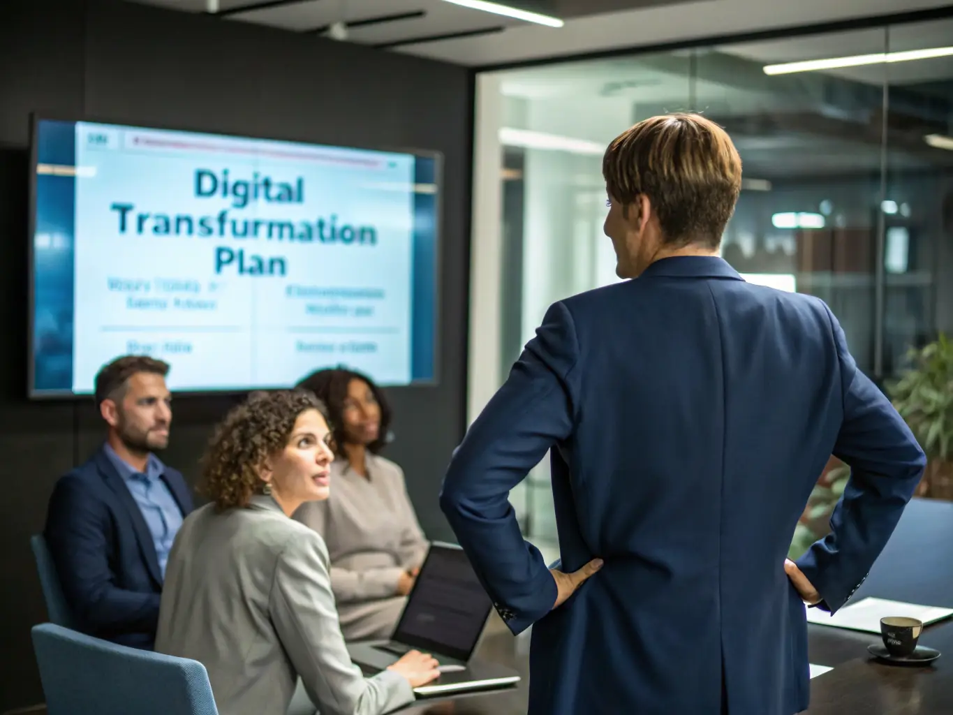 A consultant presents digital transformation strategies to a professional services firm, focusing on process automation and technology adoption.