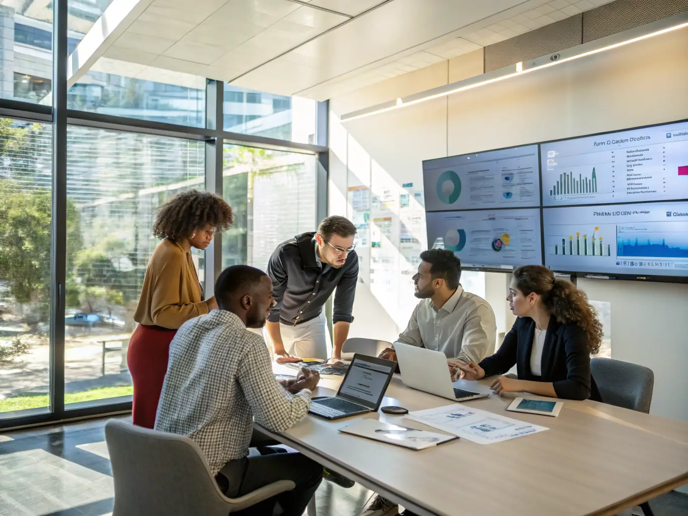 An image of a team of consultants collaborating over digital dashboards and futuristic technology interfaces, representing Digital Transformation Consulting.