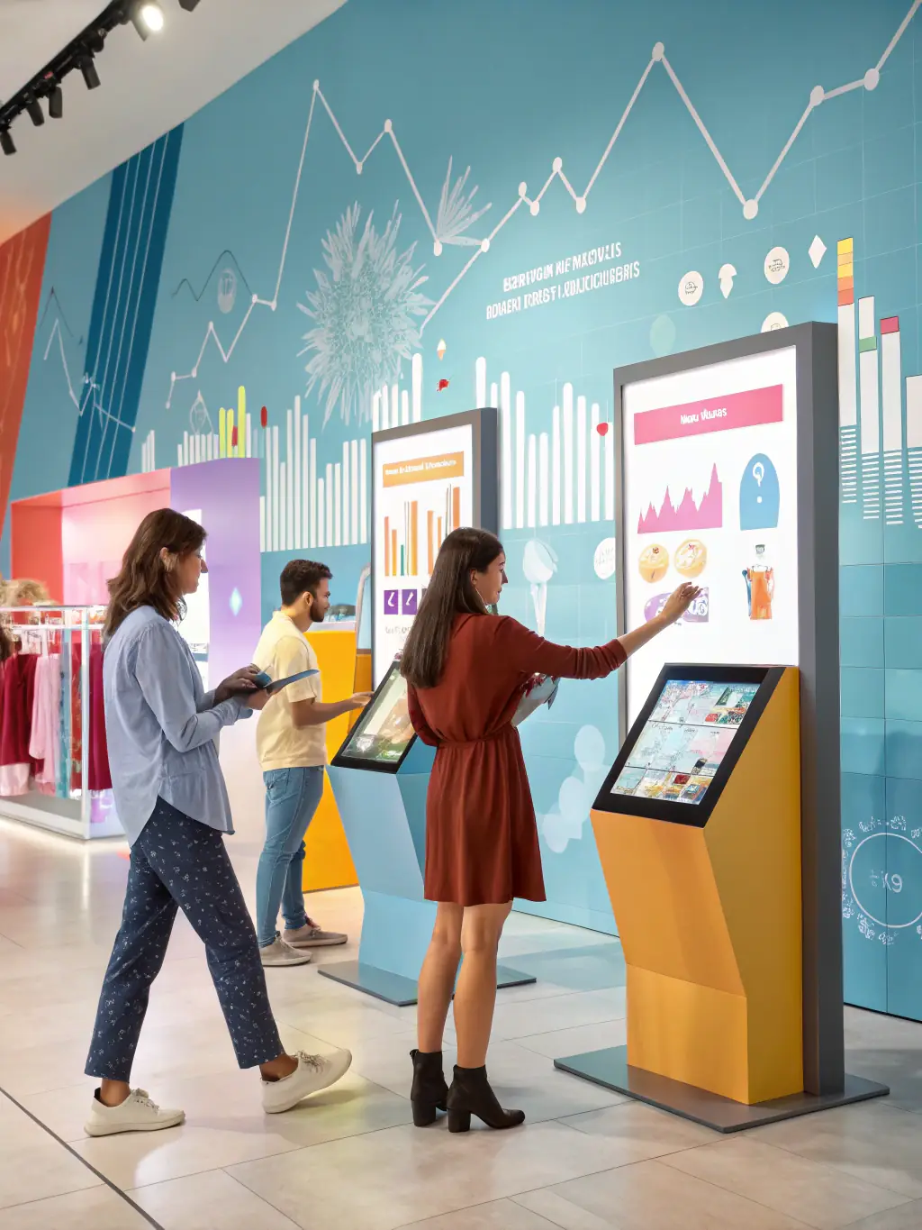 A vibrant image of a retail store with integrated technology solutions, showcasing digital displays and customer engagement tools.