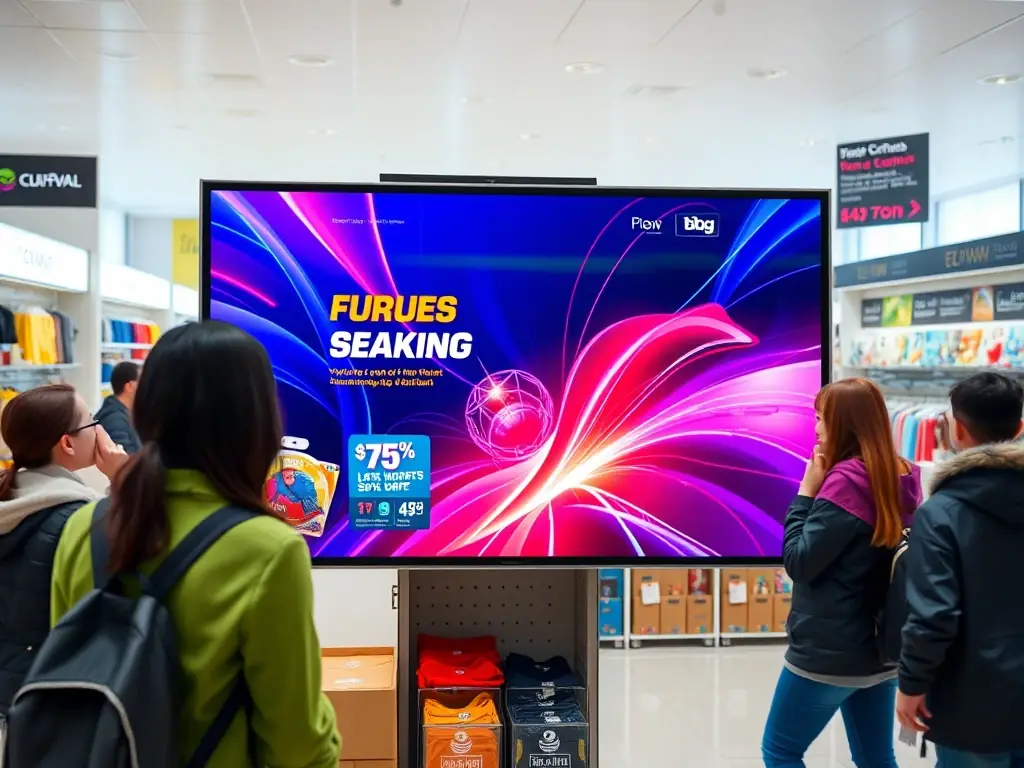 A vibrant image of a retail store showcasing digital displays and customer engagement technology.